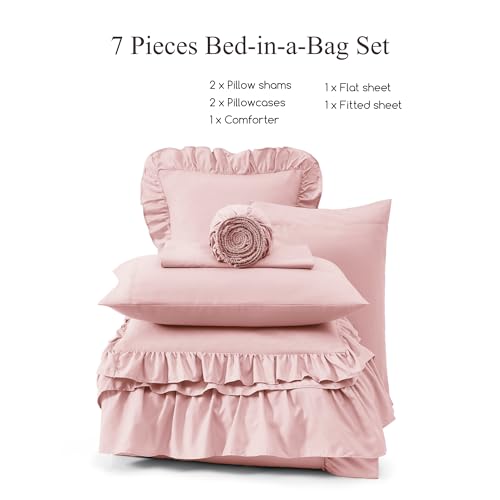 Image of King Size Comforter Set Soft Pink Ruffle 7 Pieces Farmhouse Bed in a Bag | Shabby Chic Fluffy All Season Bedding Sets with Sheets, Pillowcases & Shams