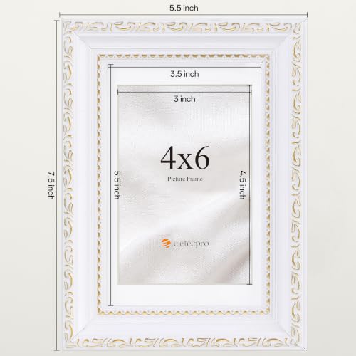 Image of eletecpro 4x6 Picture Frames Set of 2, Vintage Frames with Glass Cover, Retro Ornate Photo Frame Displays 3.5x5 Photo with Mat or 4x6 without Mat for Tabletop or Wall Decor, White