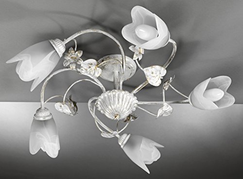 ONLI - Lámpara de techo 5 luces E14 Serie Petunia. Estructura de metal marfil claro spennellato dorado con tulipas de cristal blanco mate con forma de flor. Estilo clásico, elegante, tradicional