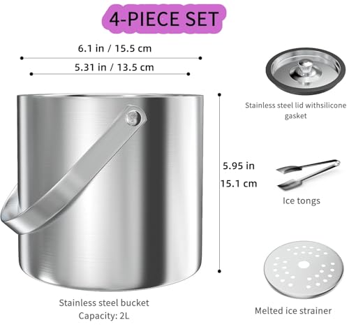 Silicone Lid Stainless Steel Insulated Ice Bucket with Tongs &Strainer, 2L Double Wall ice Bucket, for Home Bar, Restaurant, BBQ, Parties, Clubs - Image 3