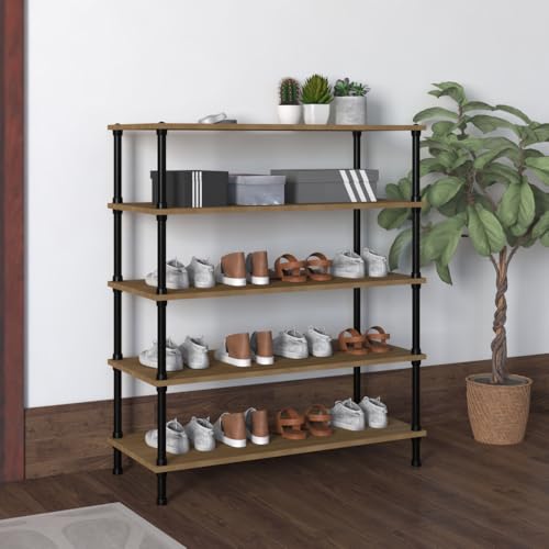 Image of TABLE MAGIC Jazz Shoe Rack Wooden Organizer | 5-Tier Multipurpose Shoes Stand for Home Wooden Shelves with & Steel Frame, Space-Saving Home Organizer, D30 x W60 x H85cm - Golden Teak