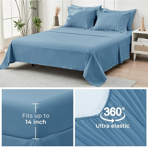 Image of HYMOKEGE Mineral Blue Oversized Queen Comforter Set Seersucker 7 Pieces, All Season Luxury Bed in a Bag for Bedroom, Bedding Set with Comforter, Sheets, Pillowcases & Shams