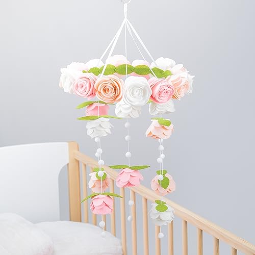 Image of Flower Mobile for Crib - A Beautiful Felted Rose Handmade Floral Mobile for Crib with Pink and White Flowers