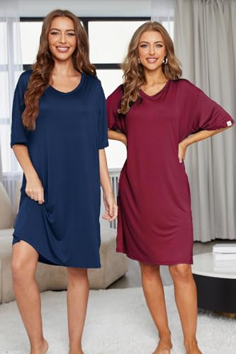 Image of ft FENTENG 2-Pack Women's Nightgowns Short Sleeve Nightshirt V Neck Soft Sleepwear Casual Sleepshirts Loose Pajama Dress