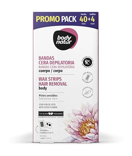 BODY NATUR - Pack Bandas de Cera Depilatoria 40 + 4 | para Cuerpo | para Pieles Sensibles | hasta 4 semanas Sin Vello | con Toallitas Post-Depilatorias