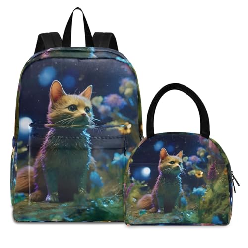 Backpack Lunch Box Set Large Capacity Travel Backpacks and Insulated Lunch Bag for Commute Hiking Picnic Fantasy Night Cat Print