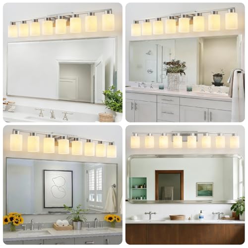 Image of 8-Light Bathroom Light Fixtures, Modern Vanity Lights, Brushed Nickel Metal Wall Lamp with White Marble Glass for Bathroom, Mirror, Living Room, Bedroom, Cabinet, Porch, Hallway, E26 Base
