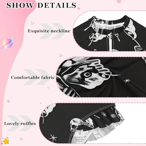 Girls One Piece Swimsuits Long Sleeve Swimsuit Zipper Bathing Suits Skull Moon Moth Black Boho3
