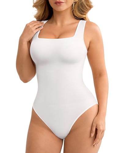Image of FeelinGirl Bodysuits for Women Seamless Square Neck Tummy Control Compression Thong Shapewear Bodysuit Tank Tops Bodysuit