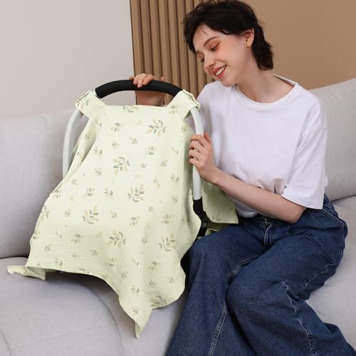 Image of 100% Muslin Cotton Car Seat Cover Baby, Carseat Canopy Cover, Universal Fit Stroller Covers for Boys and Girls (Green Beige Leaf)