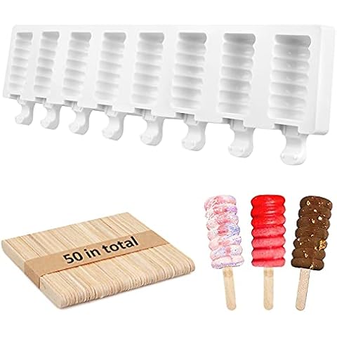 Eis am Stiel Formen 8 Zellen, Eisformen Eis am Stiel Silikon Wiederverwendbar mit 50 Eisstiele aus Holz Cover