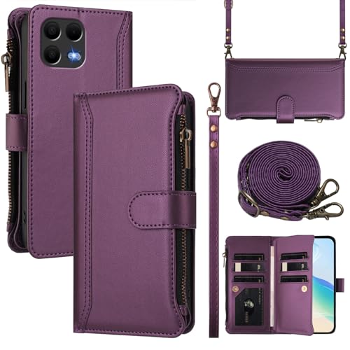 ELECWAY for Tmobile Revvl 8 Pro Phone Case Wallet 2025, with 1 Long Shoulder Strap, 1 Short Wrist Strap, 9 Card Slots, 1 Cash Pocket, Kistand, Wireless Charging, Magnetic Closure (Purple)