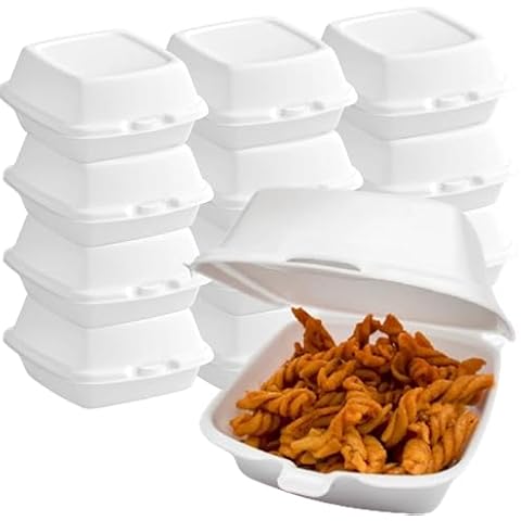 Mr Miracle Foam Containers 5x5, Disposable Clamshell Styrafoam Containers for Food - Hinged Lid, 50 Count, Restaurant to Go Trays, Lunch Container with Recessed Lid for Stable Stack Cover