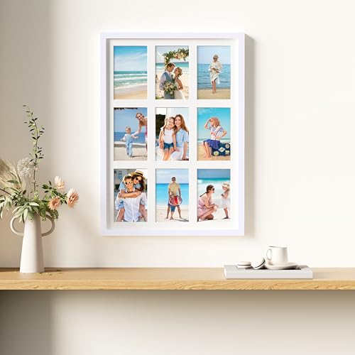 decorUhome 14x20 Picture Frames Collage Wall Decor, Display 9Pcs 4x6 Photos with Mat or 1Pcs 14x20 Unmatted, 9 4x6 Collage Picture Frames for Wall Mounting, White