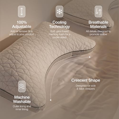Coop Home Goods Eden Crescent Bed Pillow for Side & Back Sleepers, Queen Size, Adjustable Medium Soft Memory Foam Pillow with Cooling Gel & Ergonomic Crescent Shape, CertiPUR-US/GREENGUARD Gold