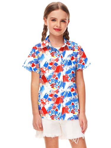 Image of Remimi Unisex Kids 4th of July Button Up Shirt Boys American Flag Print Hawaiian Beach Short Sleeve Tops 5-14 Years