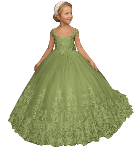 Cute Flower Girl Dress Scoop Neck Pearls Lace Applique Tulle Ball Gown Skirt Long Girls Formal Dress with Bow