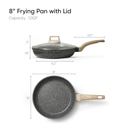 CAROTE Non Stick Frying Pan Skillet, 8" Nonstick Fry Pan with Glass Lid, Egg Pan Omelet Pans, Granite Cookware, PFOA Free (Classic Granite, 8-Inch)