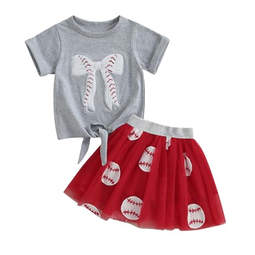 Kayotuas Toddler Girl Summer Clothes Baseball Outfit Fuzzy Baseball/Football Bow Embroidery T-shirt Tulle Skirt 2 Piece Sets (Red 5-6 Years)