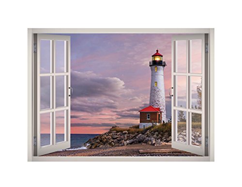 West Mountain Lighthouse View Window 3D Wall Decal Art Removable Wallpaper Mural Sticker Vinyl Home Decor W146 (Small (24''W X 17''H)) #TOP18