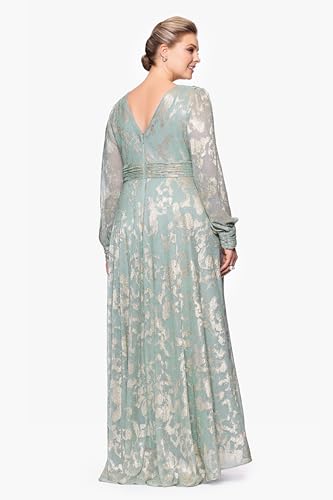 Image of Betsy & Adam Women's Floor-Length, Long-Sleeve, Metallic Floral Pattern, with Ruched Waist and Flowy Silhouette, Sage /Gold, 22W