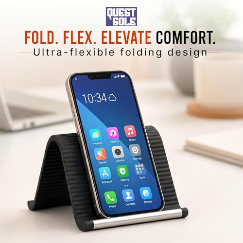 Image of Questsole Flexible Silicone Phone Stand, Foldable Rollable Mobile Holder with Aluminum Core, Multi-Angle Adjustable Desk Stand for Phone, Tablet, iPad, Laptop, Travel-Ready (Black)