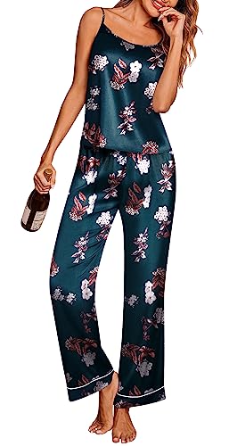 Image of Ekouaer Silk Pajamas for Women Set Tank Top Pj Sets 2 Piece Lounge Set | Satin Womens Pajama Sets Sexy Sleeveless Loungewear Long Pants Sleepwear Soft Cami Pjs Sets with Pocket S-XXL