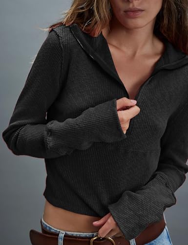 Image of Sweaters for Women Long Sleeve V Neck Ribbed Knit Tops Half Zip Pullover Sweater Casual Slim Fit