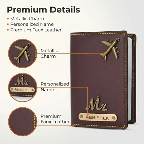 Image of Unisex-Adult Personalised Name & Charm Leather Passport Cover Gift Set for Couple - 2 Pcs | Wedding Anniversary Marriage Gift for Husband Wife, Assorted