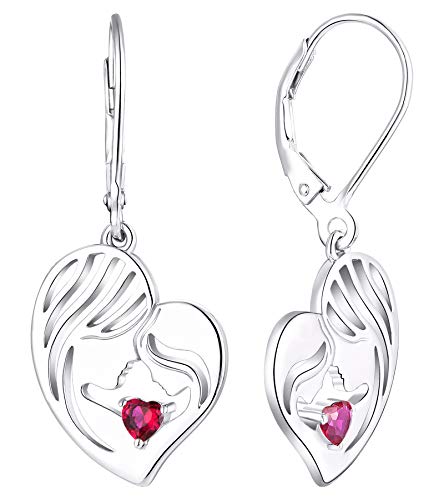 Yl Mother And Daughter Earrings Sterling Silver Mum Hold Child Heart Dangle Drop Earrings Created Ruby Jewelry #TOP16