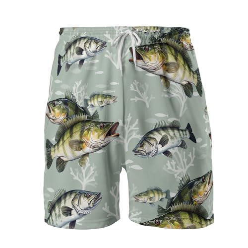 Bass Fish Mens Swim Trunks - Beach Hawaiian Mens Shorts Casual - Summer Drawstring Beachwear Shorts PA33