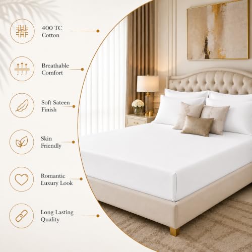 Image of LINENWALAS 100% Cotton Fitted Bedsheet, 400tc Long Staple Imported Egyptian Cotton, Soft, Premium Bed Sheet with Pillowcase for Queen Bed All-Around Elastic for 4-8 Inch Mattresses (60 inch x78 inch, White)
