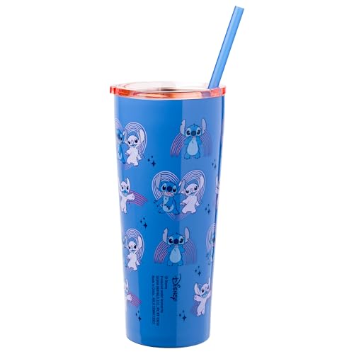 Image of Silver Buffalo Disney Lilo and Stitch Featuring Angel and Stitch Double Walled Stainless Steel Tumbler, 22 Ounces