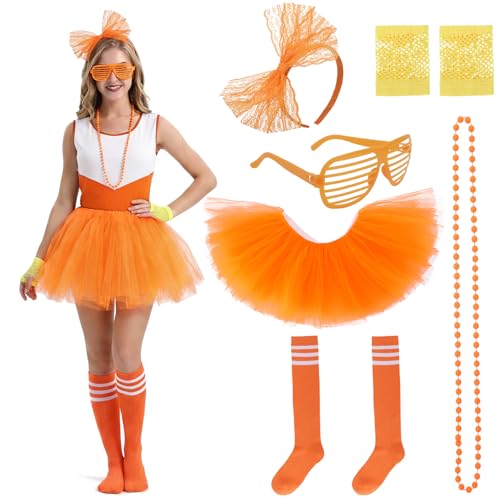 ZhouBoat 6pcs Tutu Skirt Accessories Set for Women with Tutu Skirt Striped Socks Necklace Fishnet Gloves Lace Bow Headband Glasses for 80s Party Halloween Cosplay (Orange)