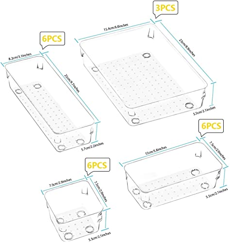 Image of Clear Plastic Drawer Organizers Set, 4-Size Versatile Bathroom and Vanity Drawer Organizer Trays, Storage Bins for Makeup, Bedroom, Kitchen Gadgets Utensils and Office (21 PC SET)