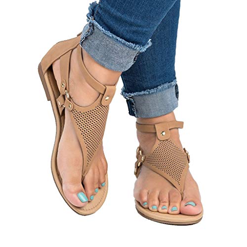 Women s T-Strap Flat Sandal Summer Roman Open Toe Beach Bohemia Ankle High Zipper Toepost Sandals (US:8.0, Brown)