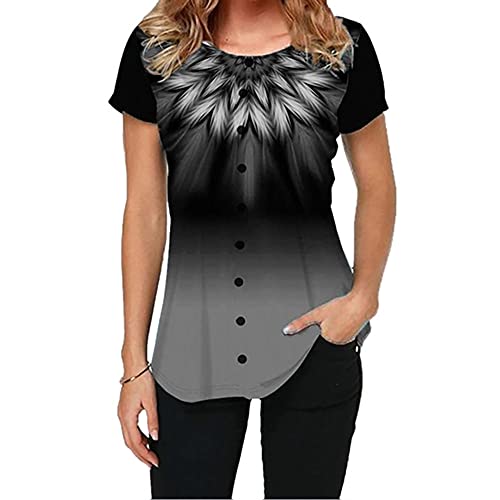 Janepam Women T-Shirt Summer Tops Plus Size Boho Ethnic Tribal Graphic Paisley Print Short Sleeve Loose O-Neck Tee Blouse(A Feather Gray,Large)