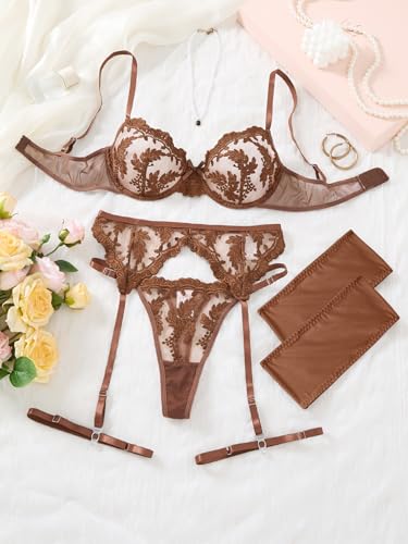 Image of Lilosy Sexy Leaf Floral Embroidered Mesh Sheer Women Underwire Push Up Lingerie Set