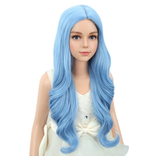 Image of PATTNIUM Light Blue Long Curly Middle Part Wig Halloween Costume Wig
