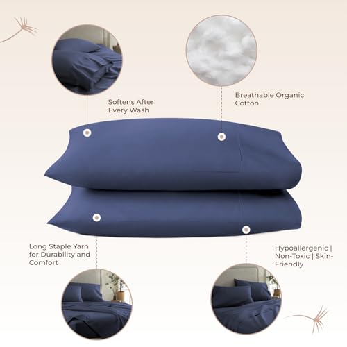 Image of 100% Organic Cotton Pillow Cases Queen Size Set of 2-100% Cotton Pillowcases GOTS Certified 300 Thread Count - Naturally Cooling Comfortable Breathable & Soft Pillow Cases (Navy, Queen)