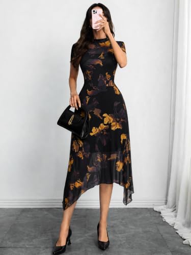Image of GothDark Women Summer Wedding Guest Floral Mesh Irregular Hem Midi Dress | A-Line, Short Sleeve, Sheer Mesh Overlay, Elegant Vintage Dresses For Party, Semi Formal, Vacation, Dinner, Church