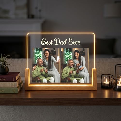 Image of Giftplease Personalized LED Acrylic Photo Frame for Dad | Best Dad Ever Night Light with Wooden Base | Custom Photo Frame Light Gift for Father, Birthday, Father's Day, Anniversary & Home Decor