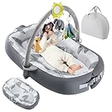 Swaathani Portable Baby Lounger For Travel,Breathable & Comfortable 100% Cotton Infant Lounger, Baby Nest 0-24 months Machine-Washable Newborn Lounger Newborn Essentials (Gray, Baby Lounger With Toys)