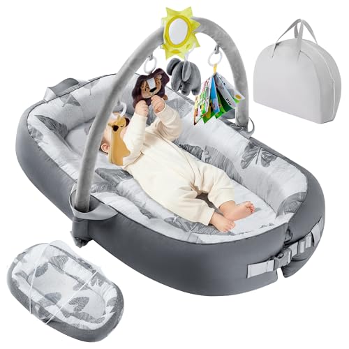 Image of Swaathani Portable Baby Lounger For Travel,Breathable & Comfortable 100% Cotton Infant Lounger, Baby Nest 0-24 months Machine-Washable Newborn Lounger Newborn Essentials (Gray, Baby Lounger With Toys)