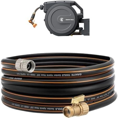 Giraffe Tools Retractable Hose Reel 5/8" x 90 ft Wall Mounted Garden Hose Reel Heavy Duty,Dark Grey+Giraffe Tools Hybrid Garden Hose 35ft x 5/8", Female and male Fittings