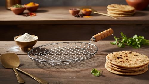 Image of Phulka Grill Roaster for Gas Stove, Grill Tawa Jali for Kitchen Cooking, Roti Basket Pulka Pan Roaster Grill with Wood Handle, Papad Jali, Jali Brinjal Roaster (Heavy Steel Wire)