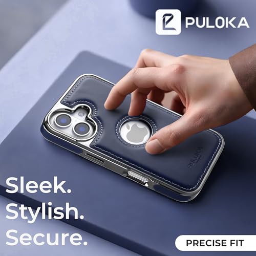 Image of PULOKA Chrome Leather Back Case - Compatible with iPhone 16 - Luxury Bumper Case - Flexible Vegan Leather - Electroplated Sides & Logocut - Full Camera Protetection & Raised Edges - Blue