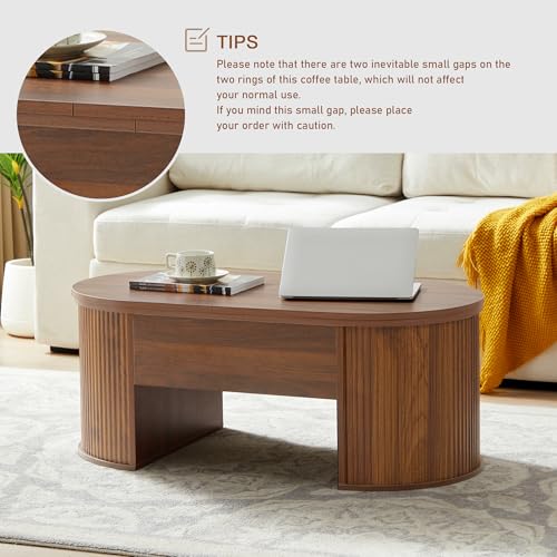 Image of QHITTY Fluted Coffee Table with Lifting Top, Oval Wood Lift Top Coffee Table with Hidden Compartment, Mid Century Pull up Center Tables for Living Room, Office - Walnut