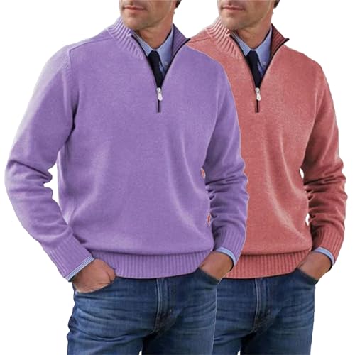 2 Pack Men's Quarter Zip Sweater Slim Fit Mock Neck Pullover Sweater Lightweight Casual Knitted Polo Sweaters