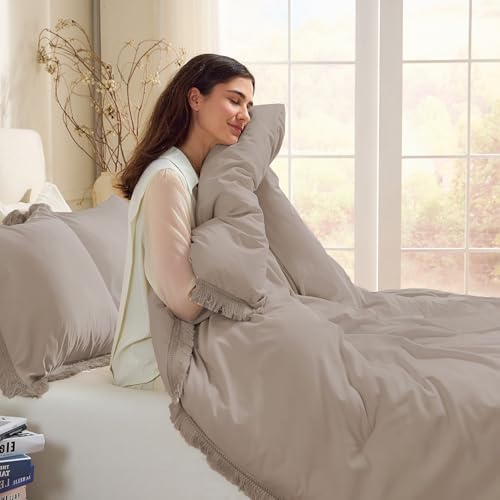 Image of Andency King Size Comforter Set Khaki, 3 Pieces Boho Soft Lightweight Bedding Comforter Sets, Tassel All Season Bed Set (104x90In Comforter & 2 Pillowcases)